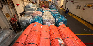 Humanitarian aid and food supplies for Gaza are seen inside a cargo ship, at the port of Misrata