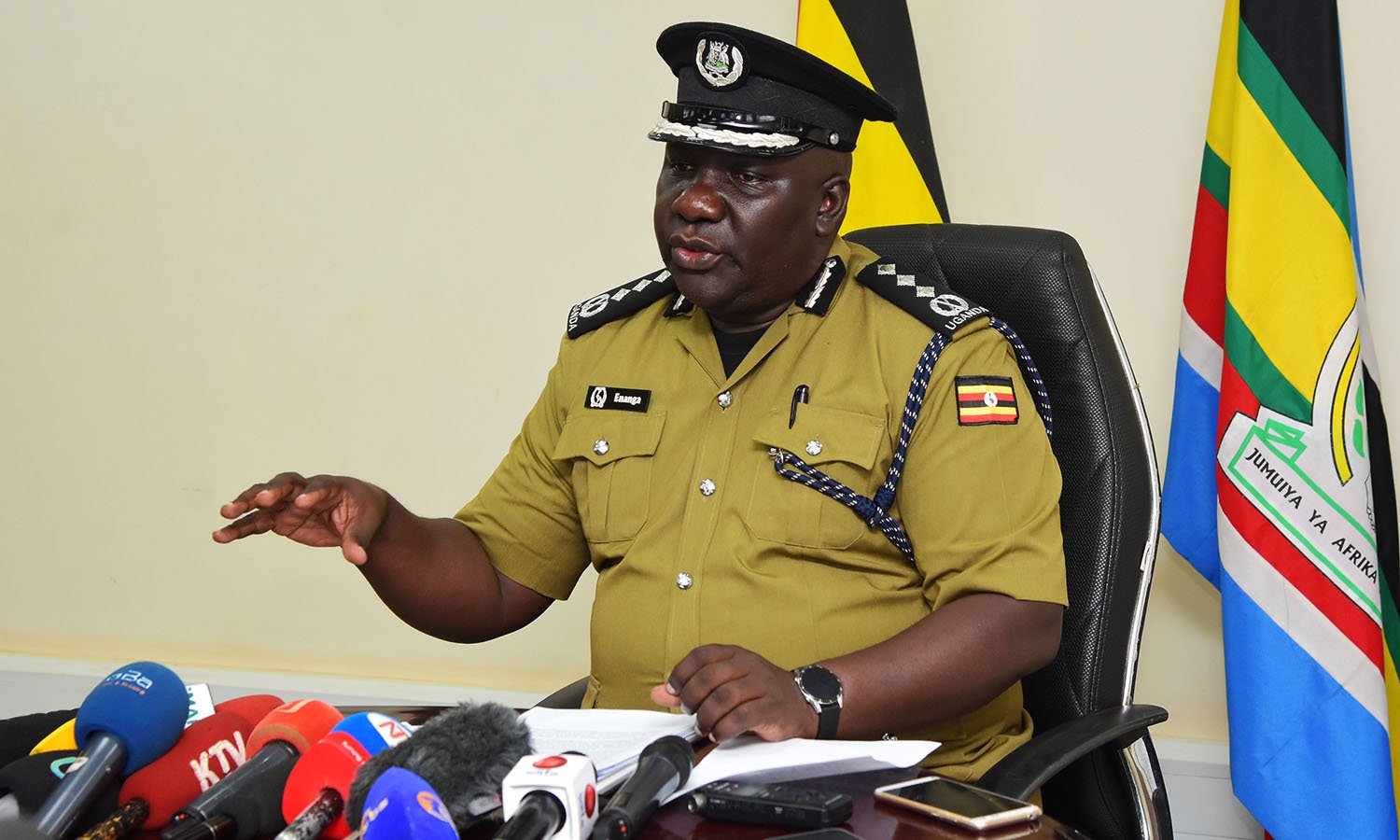 Mr Fred Enanga, the police spokesman, addresses the media during a police press briefing in Kampala. 