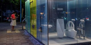 The transparent public toilet designed by Shigeru Ban, which has outer walls of glass that turn opaque when the lock is closed.  Philip Fong | Afp