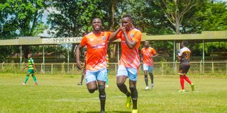 Kisumu All Stars striker William Otenda (right) celebrates 