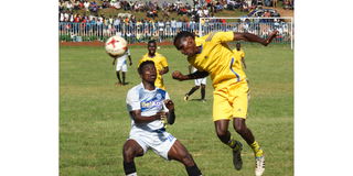 Sofapaka forward Jedinak Nana (left) vies with Silibwet FC defender Michael Muya. 