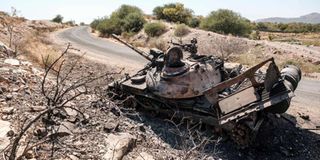 Damaged tank near Humera in Ethiopia