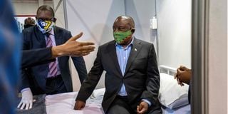 South African President Cyril Ramaphosa visits a Covid-19 treatment facility in Johannesburg in 2020.