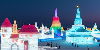 Ice sculptures at the Harbin Ice and Snow Festival in Harbin city in China's Heilongjiang province in January 2021.