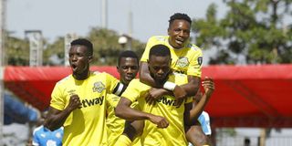Kariobangi Sharks striker Julius Masaba celebrates with teammates