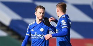Leicester City midfielder James Maddison (left) celebrates with teammate Harvey Barnes