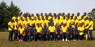 Kabras Sugar Rugby team pose for a group photo in their new Macron home kit 