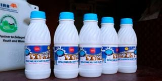 Moyale Camel Milk Dairy Society Cooperative member displays their packaged dairy products on February 16,2021. I Jacob Walter
