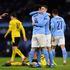 Manchester City midfielder Phil Foden (second right) celebrates scoring his team's second goal with teammate Ilkay Gundogan 