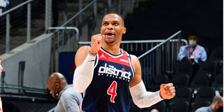 Russell Westbrook #4 of the Washington Wizards celebrates during the game against the Atlanta Hawks