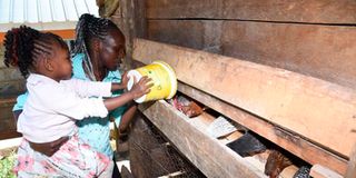 World half marathon record holder Peres Jepchirchir and daughter Natalie Cherono feed chicken