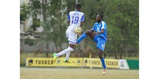 Bidco United forward David Orem (left) vies with Nairobi City Stars midfielder Peter Opiyo