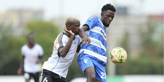 Equity Bank midfielder Evans Mieno (left) vies with AFC Leopards midfielder Austin Odhiambo FKF Betway Cup