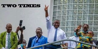 Sierra Leone President Julius Maada Bio gestures to jubilant fans
