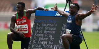 Kenyan sprint stars Ferdinand Omanyala (right) and Mark Otieno.