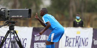 Nairobi City Stars striker Nicholas Kipkirui celebrates after scoring against Kakamega Homeboyz
