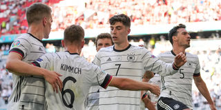 Germany players celebrate their second goal 