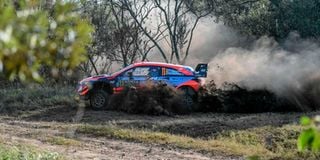 Belgium driver Thierry Neuville steers his Hyundai i20 Coupe WRC.