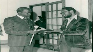 Daniel arp Moi and Hilary Ng’weno