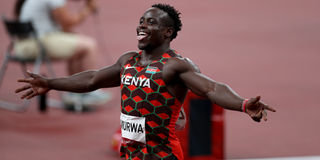 Kenya's Ferdinand Omanyala reacts after finishing third
