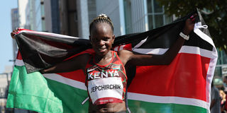 Kenya's Peres Jepchirchir celebrates after winning the women's marathon final 