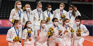 Gold medallists USA celebrate during the women's volleyball victory ceremony