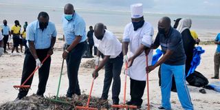 Hotel workers clean up a beach 