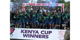 KCB players celebrate winning the Kenya Cup after beating Kabras Sugar 28-25