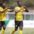 Tusker FC forward Ibrahim Joshua (right) celebrates with teammate Erick Zakayo 