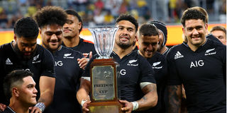 New Zealand's captain Ardie Savea celebrates winning Freedom Cup with teammates