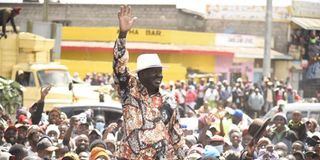 ODM leader Raila Odinga acknowledges greetings from Nyandarua residents on November 6, 2021.