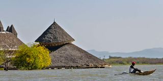 Submerged buildings of Soi Lodge on the shores of Lake Baringo.