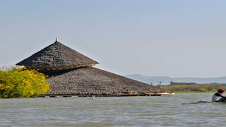 Submerged buildings of Soi Lodge on the shores of Lake Baringo.