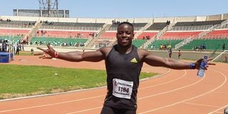 Ferdinand Omanyala celebrates after winning the men's 100m final race