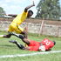 Brian Mandela of Fortune Sacco (left) battles for the ball with Frank Ouya of Shabana 