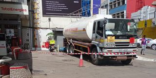 A fuel tanker offloading fuel at the Total Energies petrol station along Kimathi Street in Nairobi