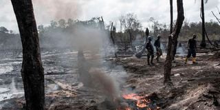 Soldiers at a destroyed illegal oil refinery in the Niger Delta