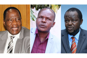 Migori Gubernatorial aspirants Dalmas Otieno (Jubilee), Boaz Okoth (Independent candidate) and Senator Ochilo Ayacko