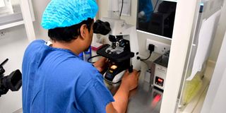 Fertility Clinic IVF Specialist Dr. Rajesh Chaudhary works on a sample at the clinic