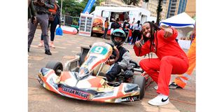 Nation FM presenter Anto Neosoul (Anthony Mwangi) and a young Go-Karting driver Zahran Mogul 