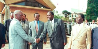 President Moi with newly elected Kanu officials including Raila Odinga.