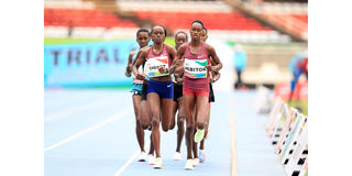 Winny Chebet and Edinah Jebitok in the leading pack during women's 1,500 metres final 