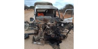 The wreckage of Toyota Land Cruiser that ran over an explosive injuring at least four in Mandera.