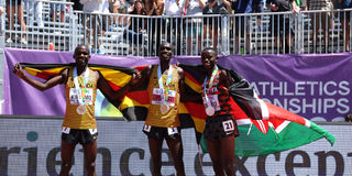 Uganda's Joshua Cheptegei, Jacob Kiplimo and Kenya's Stanley Waithaka