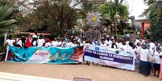 Kiswahili enthusiasts during a march to promote Kiswahili language.