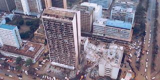 An aerial view shows the aftermath of the bombing of the U.S. Embassy in Nairobi.