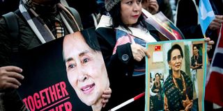 Protesters in support of Myanmar's State Counsellor Aung San Suu Kyi