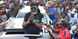 Prof. George Wajackoyah, Roots Party's Presidential candidate during a rally in Eldoret town.