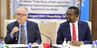 US Ambassador to Somalia Larry André (left) and Omar Faruk Osman, the Secretary General of NUSOJ.