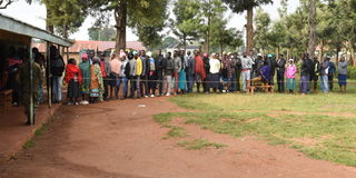 Voters in long ques at Makutano primary school polling centre in Kapenguria constituency, West Pokot county on August 9, 2022